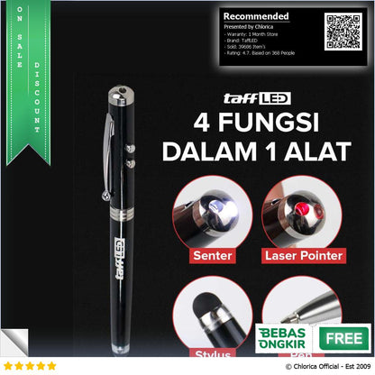 TaffLED Pulpen 4 in 1 Senter Laser Pointer Pen dan Stylus Tinta Hitam T0054