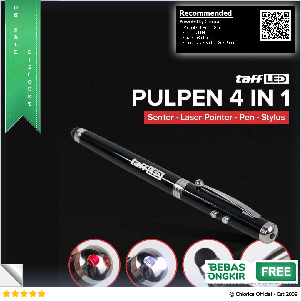 TaffLED Pulpen 4 in 1 Senter Laser Pointer Pen dan Stylus Tinta Hitam T0054