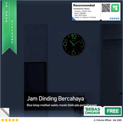 TaffHOME Jam Dinding Bulat Quartz Luminous Glow in The Dark 30cm