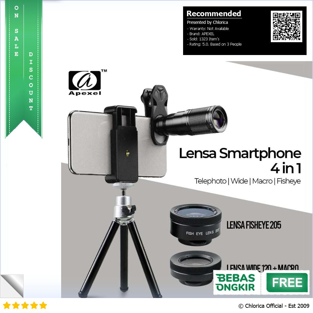 APEXEL 4 in 1 Lensa Smartphone Telephoto Wide Macro Fisheye APL 22X105 4IN1